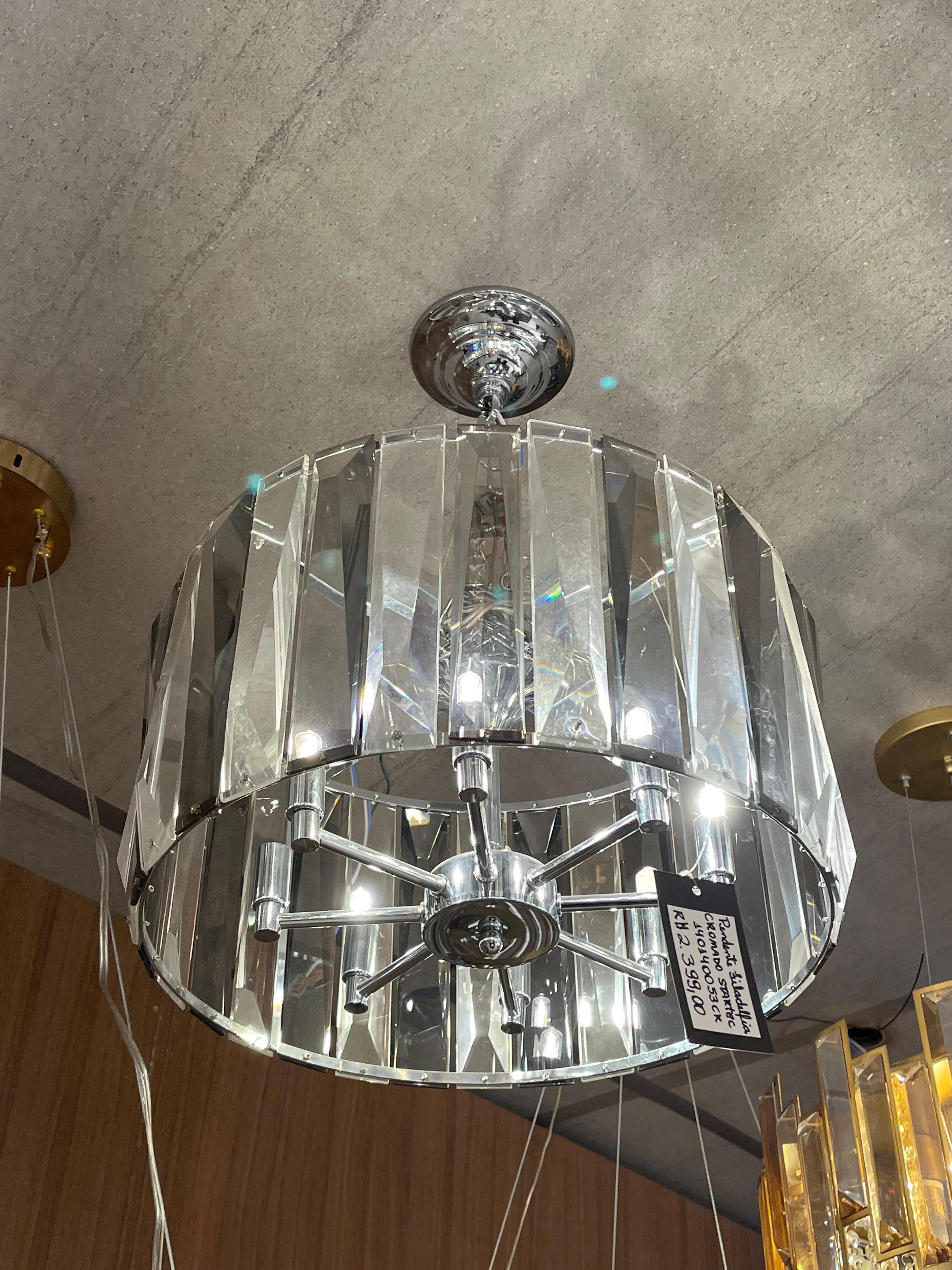 Lustre de Teto Redondo em Cristal e Aço Cromado – 50cm de Diâmetro