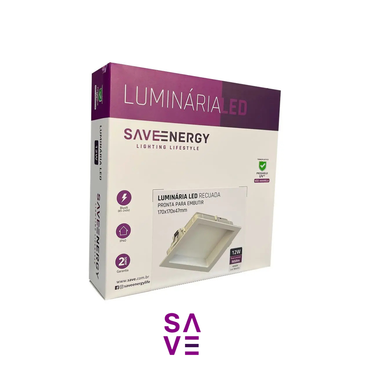 Painel de LED Recuada de Embutir 17x17x4,7cm 12w - BIVOLT - Save Energy